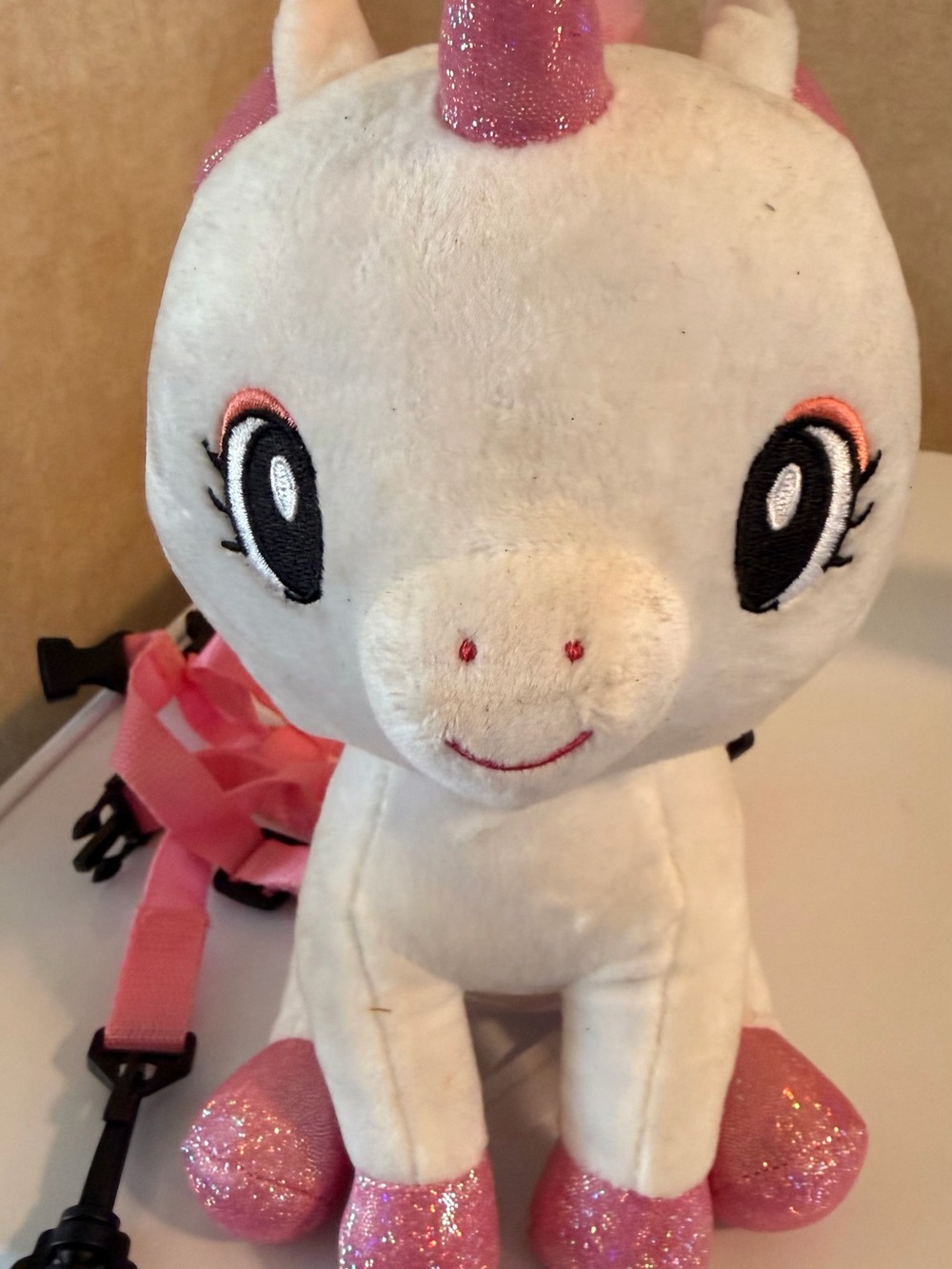 Plush White Unicorn Backpack with Pink Glitter Accents